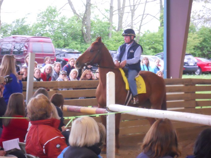 In the evening, we went to Thoroughbreds for All where hall of farm jockey Chris McCarron blithely rode a pretty fresh chestnut tb who was a little intimidated by the crowd.  He spoke while he did it.  He was wonderful!  We wished we could have stayed for the whole program, but we had dinner plans